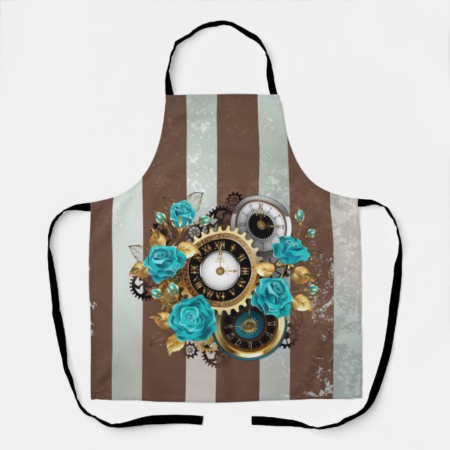 Steampunk Clock and Turquoise Roses on Striped Apron (Front)