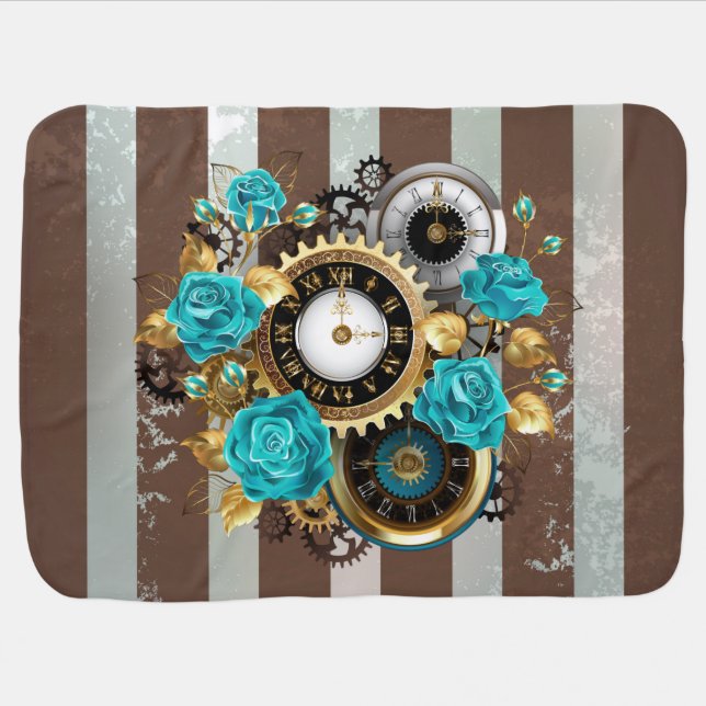 Steampunk Clock and Turquoise Roses on Striped Baby Blanket (Horizontal)