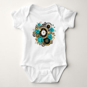 Steampunk Clock and Turquoise Roses on Striped Baby Bodysuit