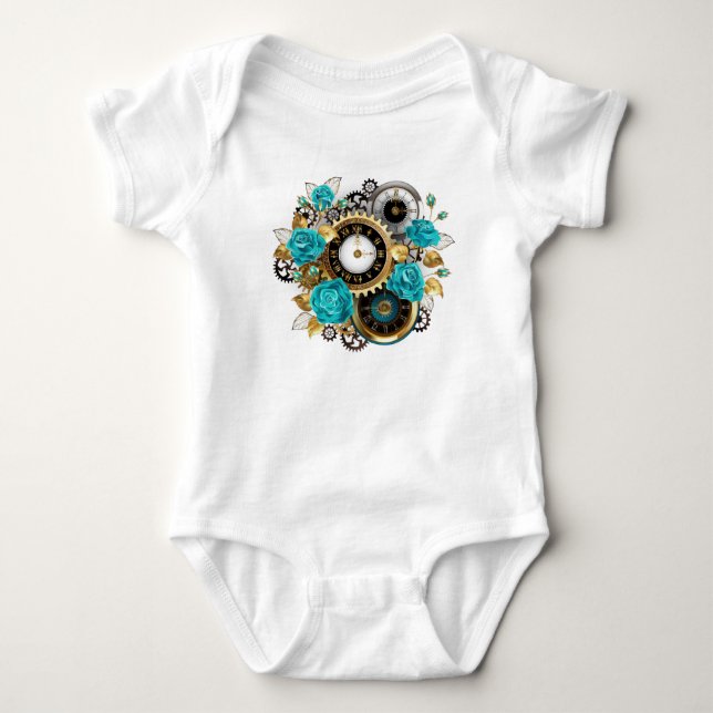Steampunk Clock and Turquoise Roses on Striped Baby Bodysuit (Front)