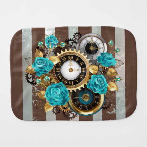 Steampunk Clock and Turquoise Roses on Striped Baby Burp Cloth