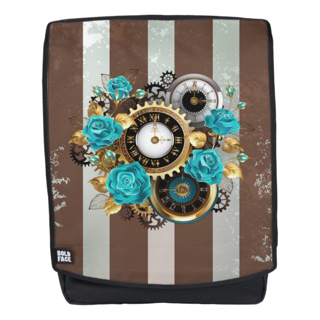 Steampunk Clock and Turquoise Roses on Striped Backpack (Front)