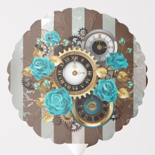 Steampunk Clock and Turquoise Roses on Striped Balloon