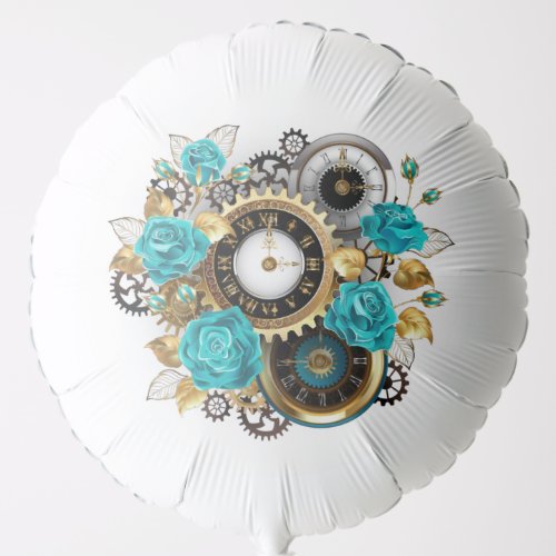 Steampunk Clock and Turquoise Roses on Striped Balloon