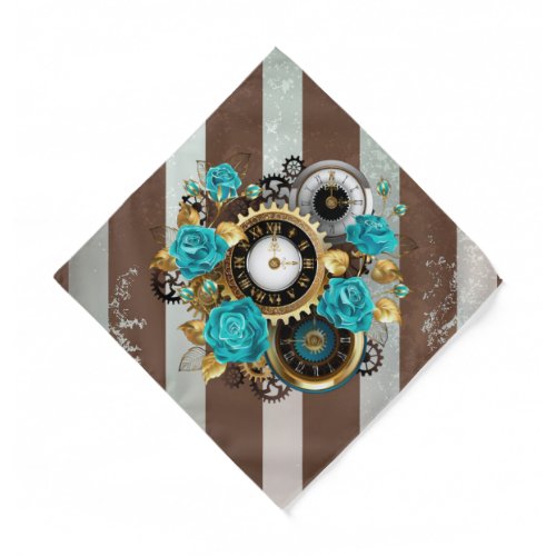 Steampunk Clock and Turquoise Roses on Striped Bandana