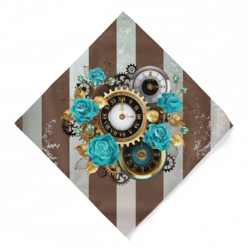 Steampunk Clock and Turquoise Roses on Striped Bandana
