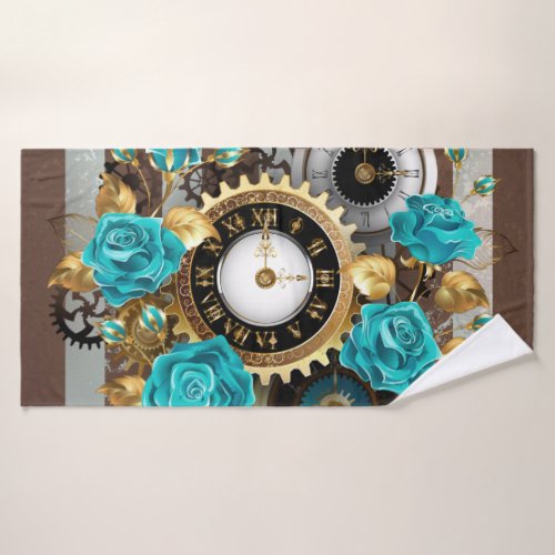 Steampunk Clock and Turquoise Roses on Striped Bath Towel