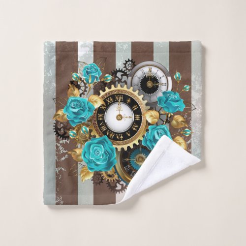 Steampunk Clock and Turquoise Roses on Striped Bath Towel Set