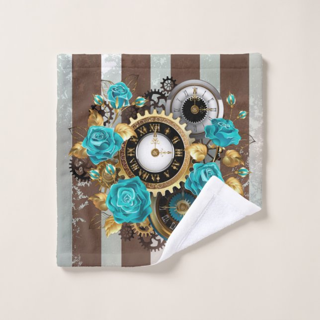 Steampunk Clock and Turquoise Roses on Striped Bath Towel Set (Wash Cloth)