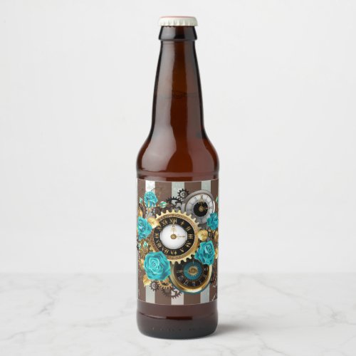 Steampunk Clock and Turquoise Roses on Striped Beer Bottle Label