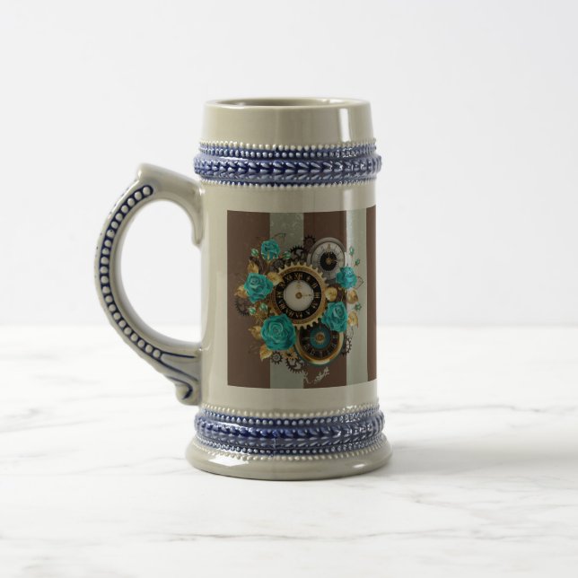 Steampunk Clock and Turquoise Roses on Striped Beer Stein (Left)