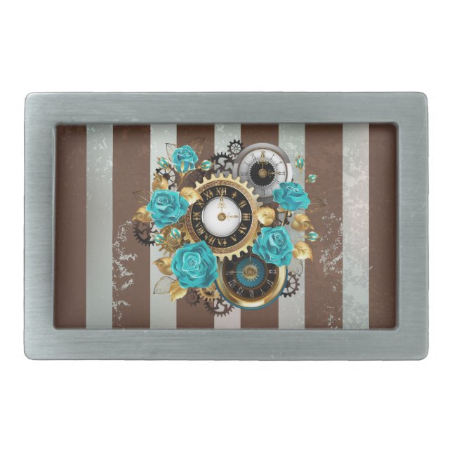 Steampunk Clock and Turquoise Roses on Striped Belt Buckle (Front)
