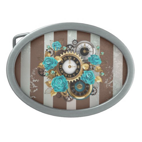 Steampunk Clock and Turquoise Roses on Striped Belt Buckle