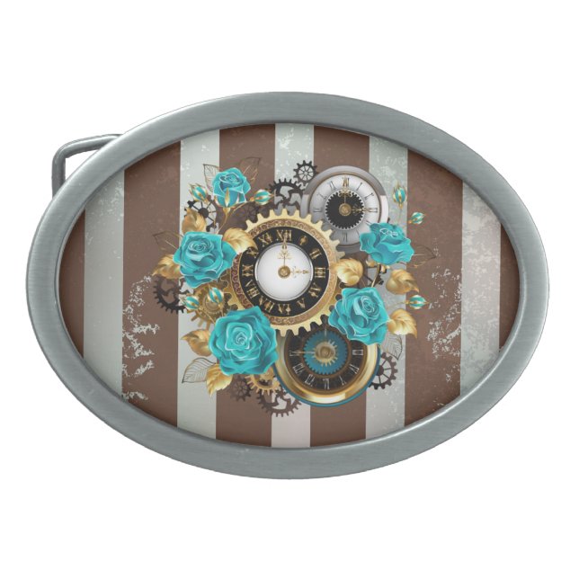Steampunk Clock and Turquoise Roses on Striped Belt Buckle (Front)