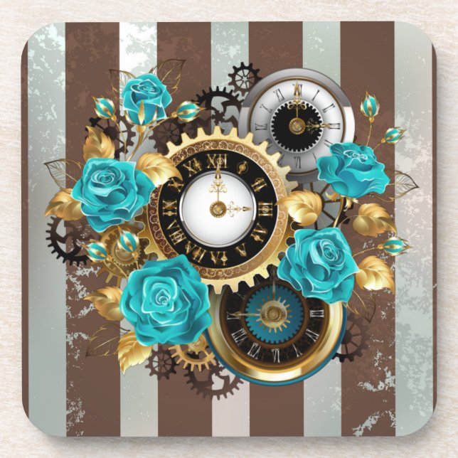 Steampunk Clock and Turquoise Roses on Striped Beverage Coaster (Front)