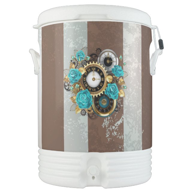 Steampunk Clock and Turquoise Roses on Striped Beverage Cooler (Front)