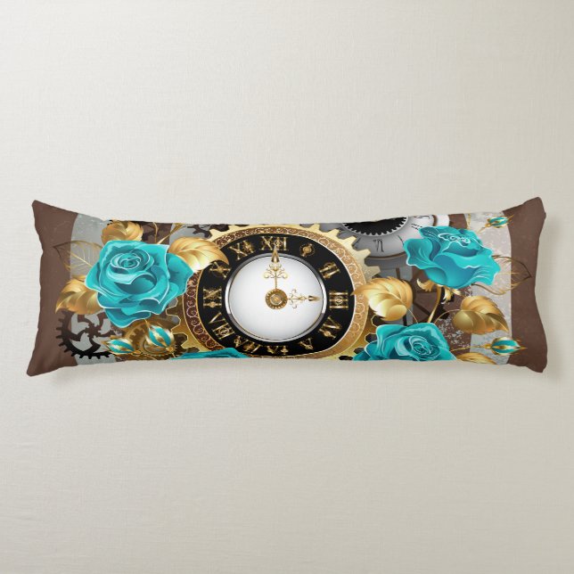 Steampunk Clock and Turquoise Roses on Striped Body Pillow (Front)