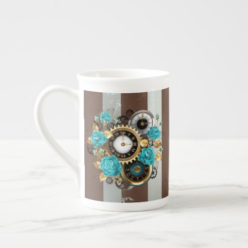 Steampunk Clock and Turquoise Roses on Striped Bone China Mug