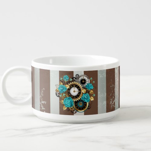 Steampunk Clock and Turquoise Roses on Striped Bowl