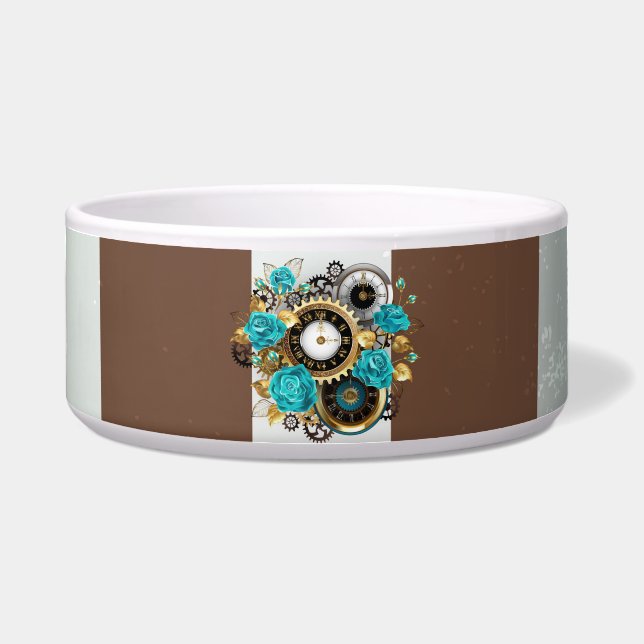 Steampunk Clock and Turquoise Roses on Striped Bowl (Front)