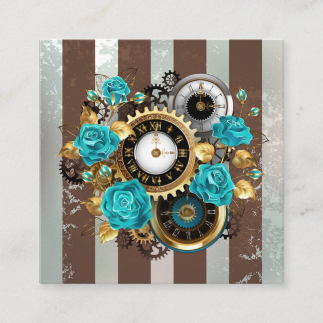 Steampunk Clock and Turquoise Roses on Striped Bus Square Business Card (Front)