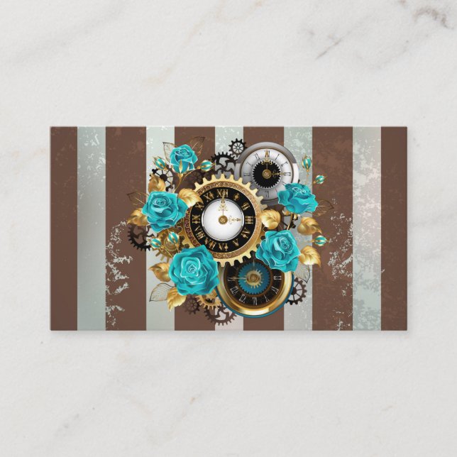 Steampunk Clock and Turquoise Roses on Striped Business Card (Front)