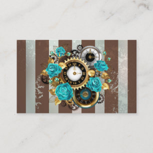 Steampunk Clock and Turquoise Roses on Striped Business Card