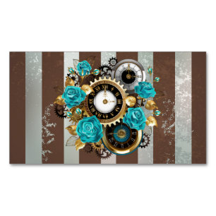 Steampunk Clock and Turquoise Roses on Striped Business Card Magnet