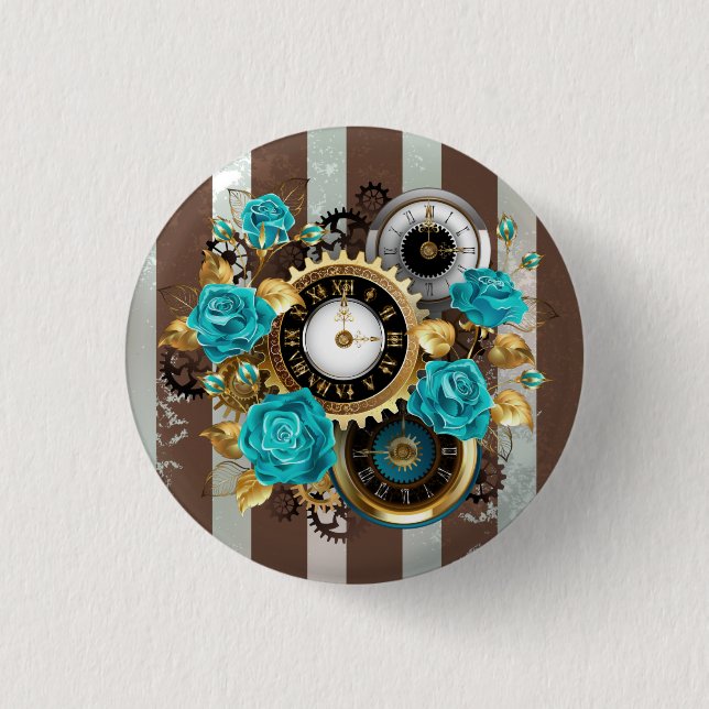 Steampunk Clock and Turquoise Roses on Striped Button (Front)