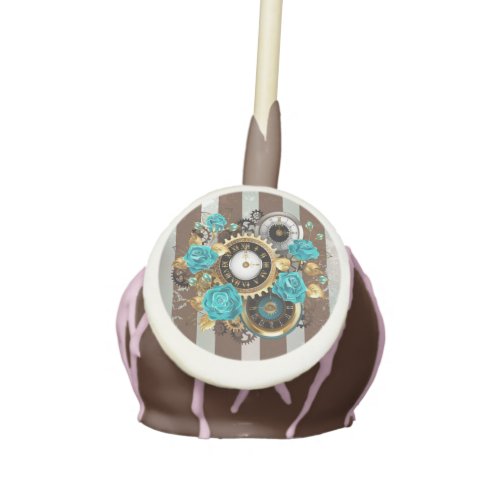 Steampunk Clock and Turquoise Roses on Striped Cake Pops