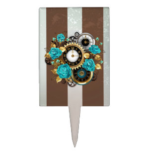 Steampunk Clock and Turquoise Roses on Striped Cake Topper