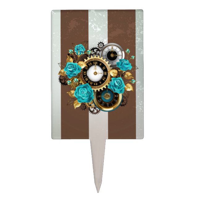 Steampunk Clock and Turquoise Roses on Striped Cake Topper (Front)