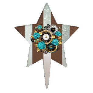 Steampunk Clock and Turquoise Roses on Striped Cake Topper