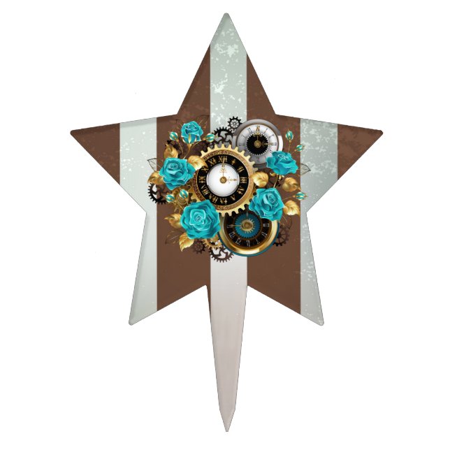 Steampunk Clock and Turquoise Roses on Striped Cake Topper (Front)