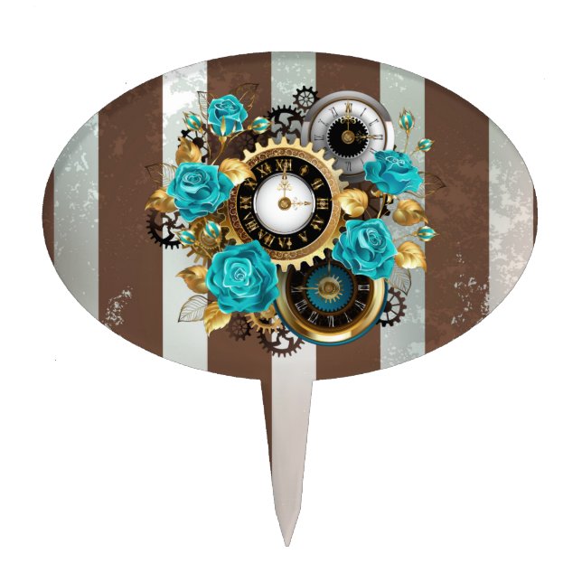Steampunk Clock and Turquoise Roses on Striped Cake Topper (Front)