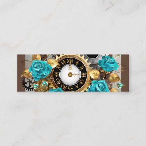 Steampunk Clock and Turquoise Roses on Striped Calling Card