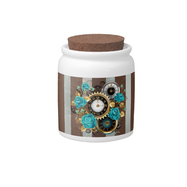Steampunk Clock and Turquoise Roses on Striped Candy Jar (Front)