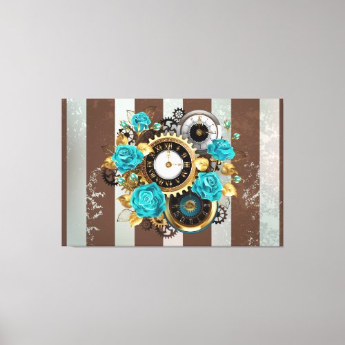 Steampunk Clock and Turquoise Roses on Striped Canvas Print