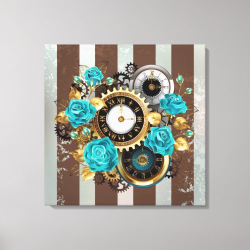 Steampunk Clock and Turquoise Roses on Striped Canvas Print