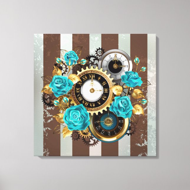 Steampunk Clock and Turquoise Roses on Striped Canvas Print (Front)