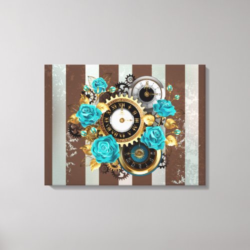 Steampunk Clock and Turquoise Roses on Striped Canvas Print