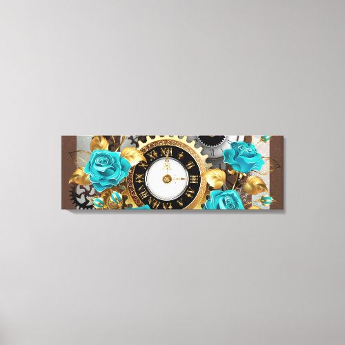 Steampunk Clock and Turquoise Roses on Striped Canvas Print