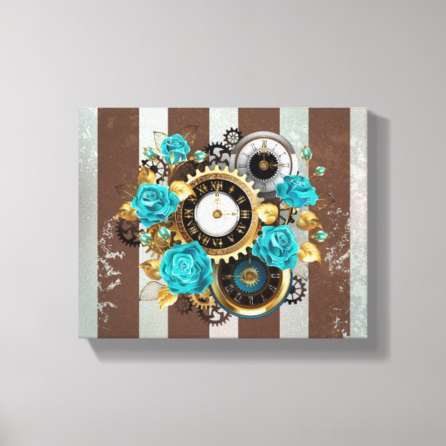 Steampunk Clock and Turquoise Roses on Striped Canvas Print (Front)