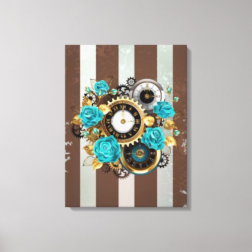 Steampunk Clock and Turquoise Roses on Striped Canvas Print