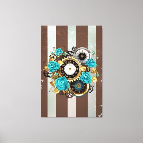 Steampunk Clock and Turquoise Roses on Striped Canvas Print