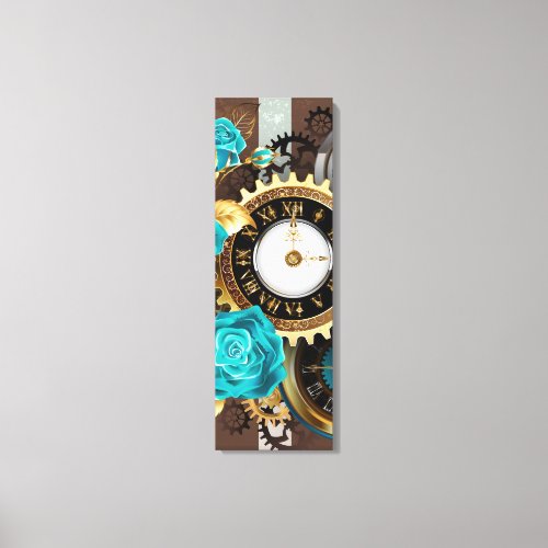 Steampunk Clock and Turquoise Roses on Striped Canvas Print