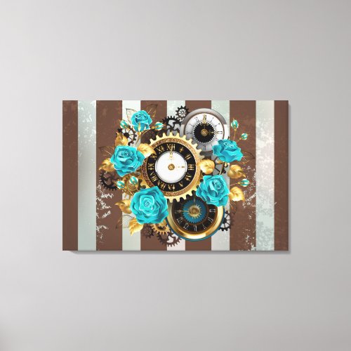 Steampunk Clock and Turquoise Roses on Striped Canvas Print