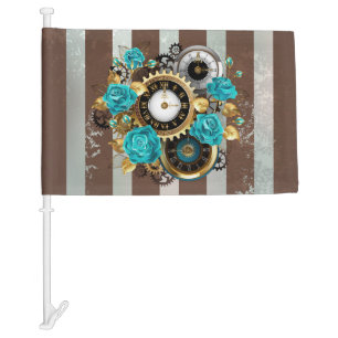 Steampunk Clock and Turquoise Roses on Striped Car Flag
