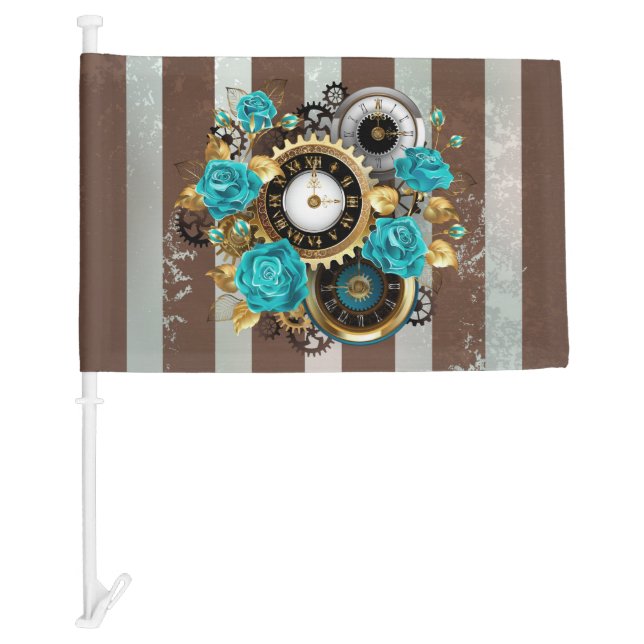 Steampunk Clock and Turquoise Roses on Striped Car Flag (Front)