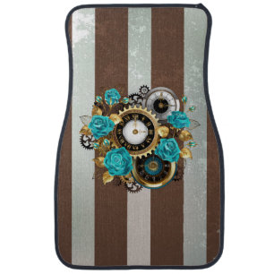 Steampunk Clock and Turquoise Roses on Striped Car Floor Mat